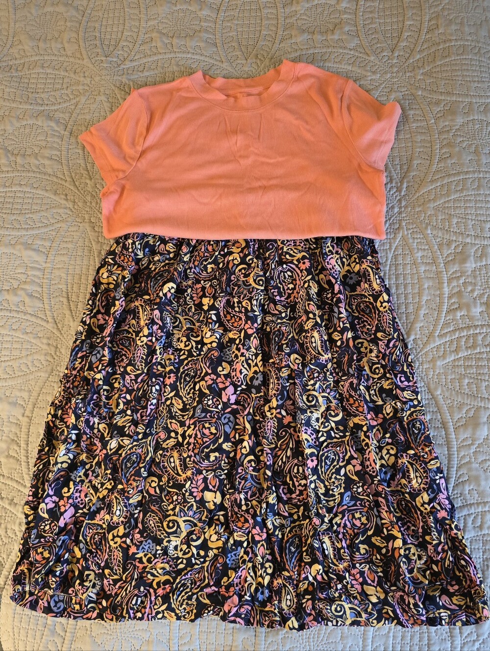Coral Top with Paisley Print Skirt Two-Piece Outfit